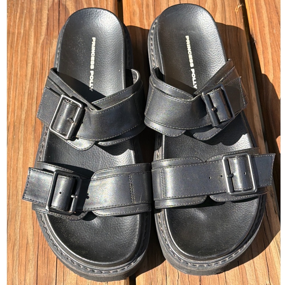 Princess Polly Black Double Buckle Chunky Platform Slide Sandals Womens 8 Y2K